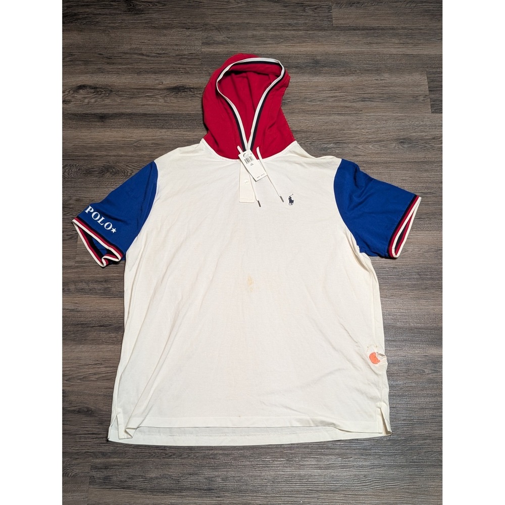 Polo Ralph Lauren XXL Short Sleeve Hoodie Colorblock White Red Blue NWT FLAWS - Picture 1 of 6